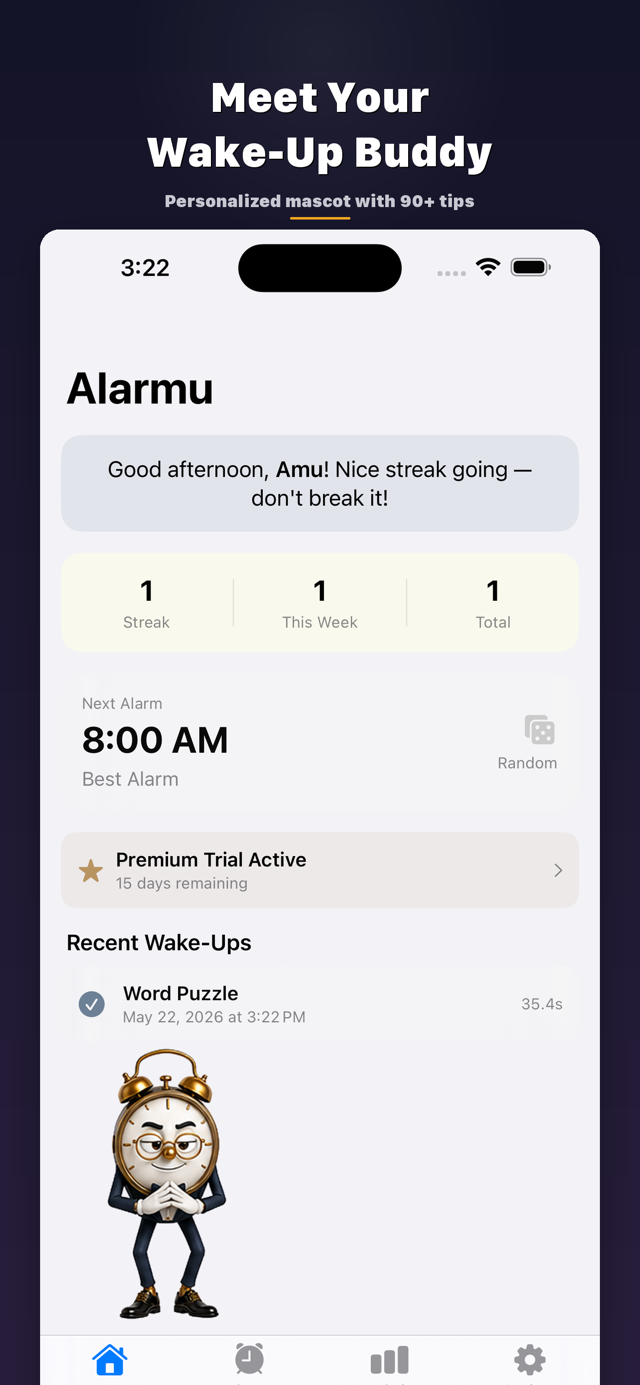 Alarmu home screen with mascot companion